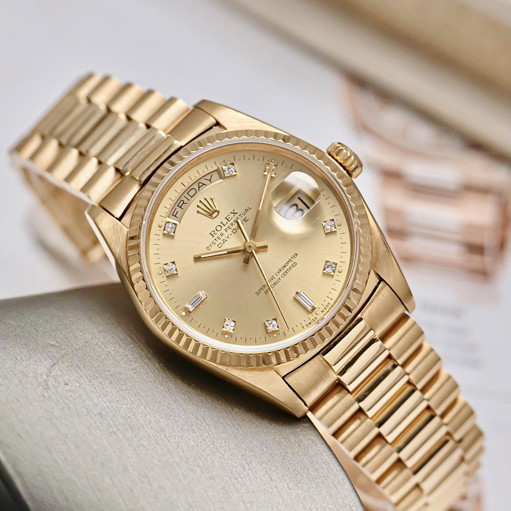 Đồng Hồ Rolex Day Date President Cọc Kim Cương Vàng Khối 18k 18238 3